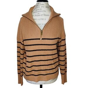 Rachel Zoe 1/4 Zip Sweater Womens XS Tan Black Stripe Oversized Collar Preppy